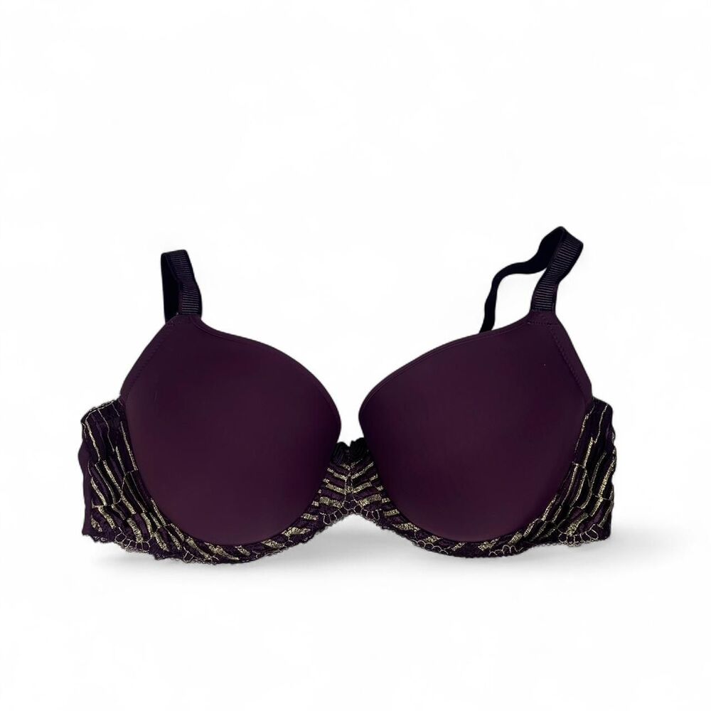 Wacoal Purple gold lace lined bra 32DDD 32F gold lace